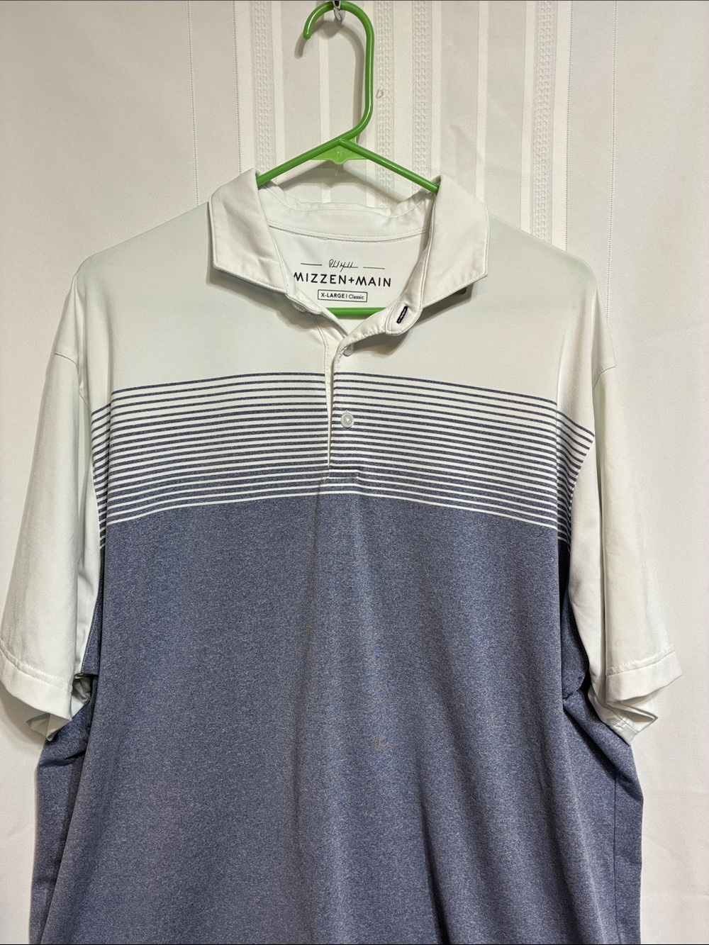 Mizzen+Main White and Blue Striped Performance Polo Golf Shirt XL